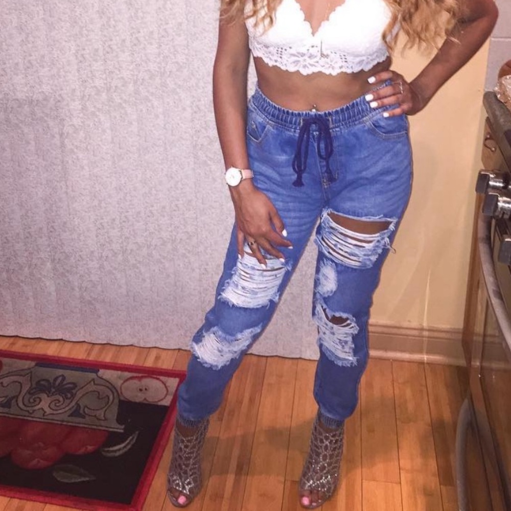 Distressed Jeans with Elastic-Tie waist and Scrunched Ankle